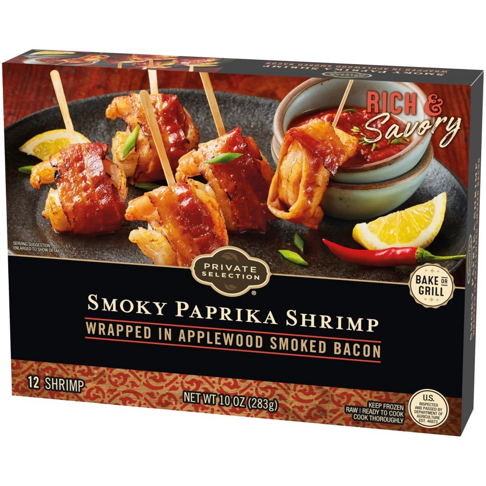 slide 2 of 3, Private Selection Applewood Smoked Bacon Wrapped Smoky Paprika Shrimp, 12 ct; 10 oz