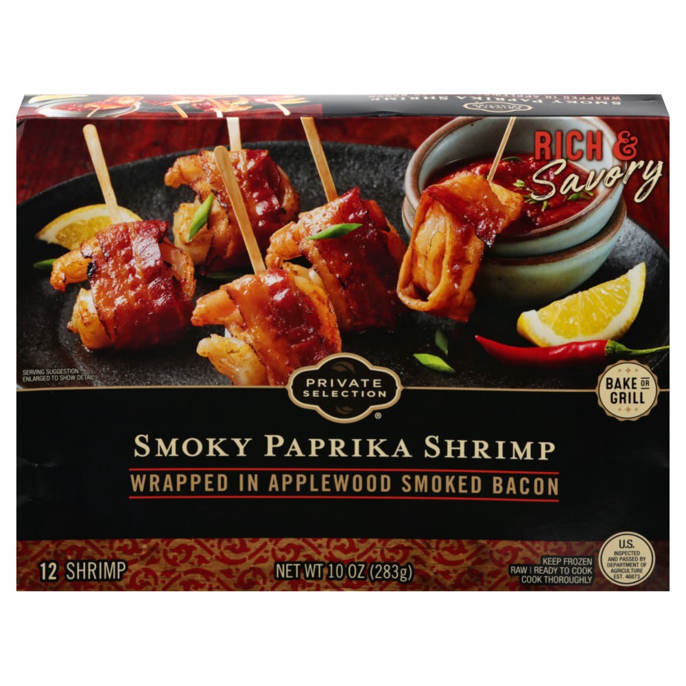 slide 1 of 3, Private Selection Applewood Smoked Bacon Wrapped Smoky Paprika Shrimp, 12 ct; 10 oz