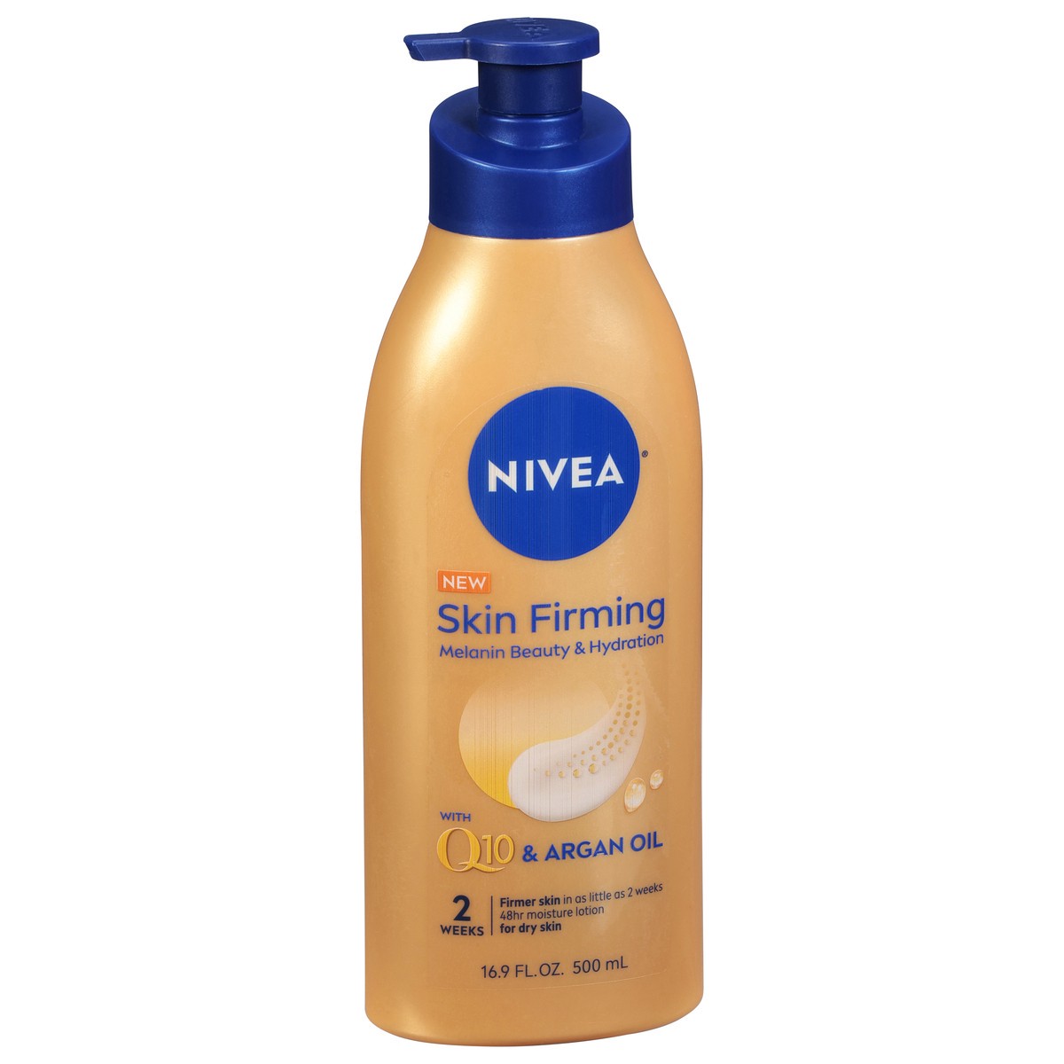 slide 6 of 9, Nivea Skin Firming Melanin Beauty & Hydration Body Lotion with Q10 and Argan Oil, 16.9 Fl Oz Pump Bottle, 16.9 oz