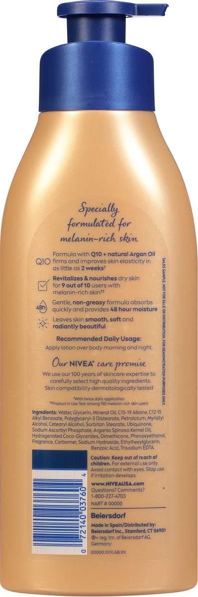 slide 7 of 9, Nivea Skin Firming Melanin Beauty & Hydration Body Lotion with Q10 and Argan Oil, 16.9 Fl Oz Pump Bottle, 16.9 oz