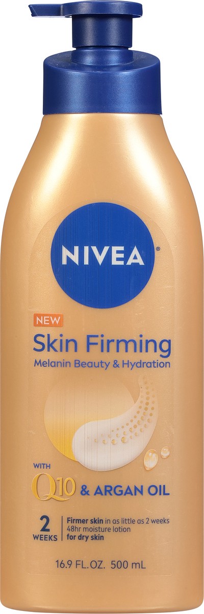 slide 4 of 9, Nivea Skin Firming Melanin Beauty & Hydration Body Lotion with Q10 and Argan Oil, 16.9 Fl Oz Pump Bottle, 16.9 oz