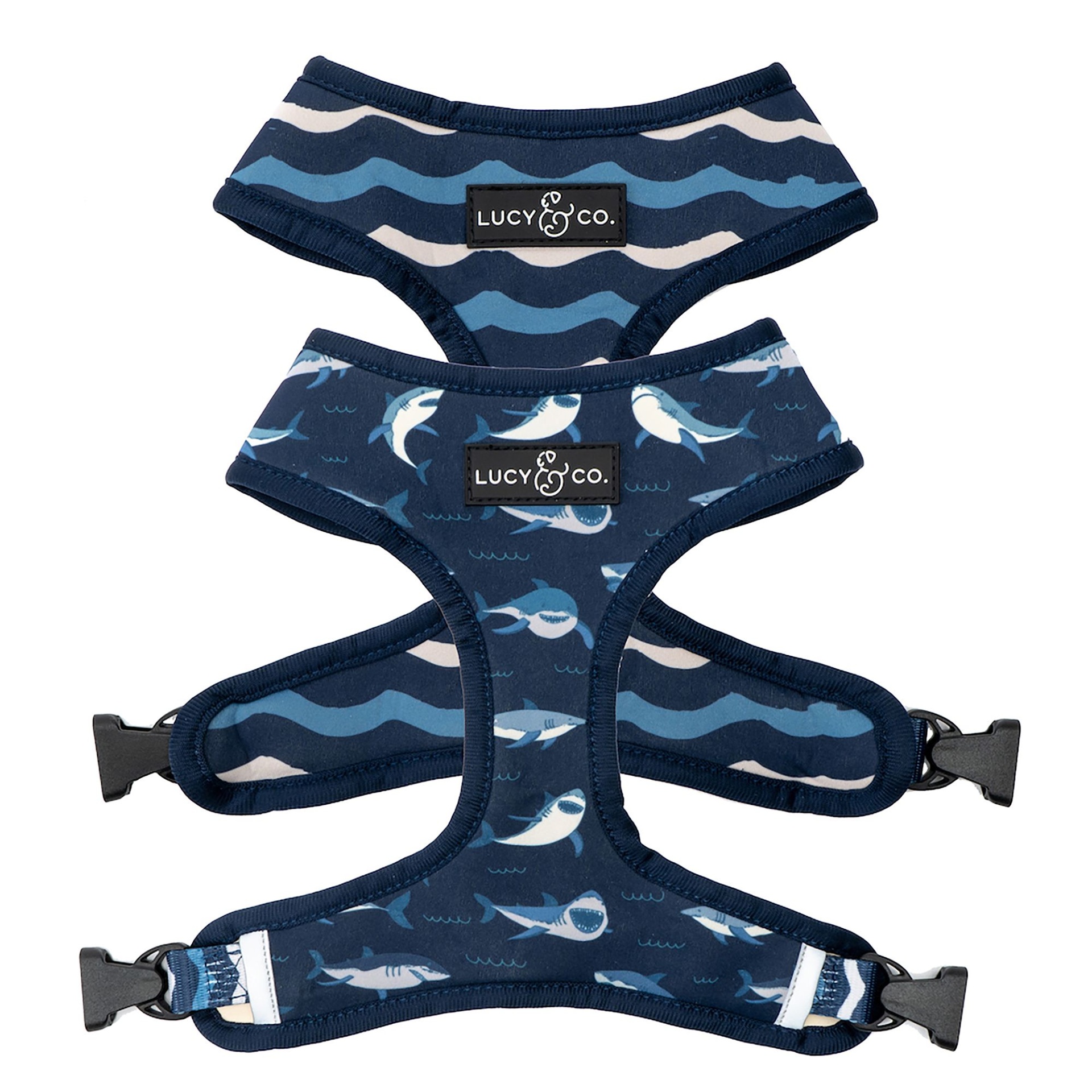 slide 1 of 1, Lucy & Co. Shark Attack Reversible Dog Harness, x large