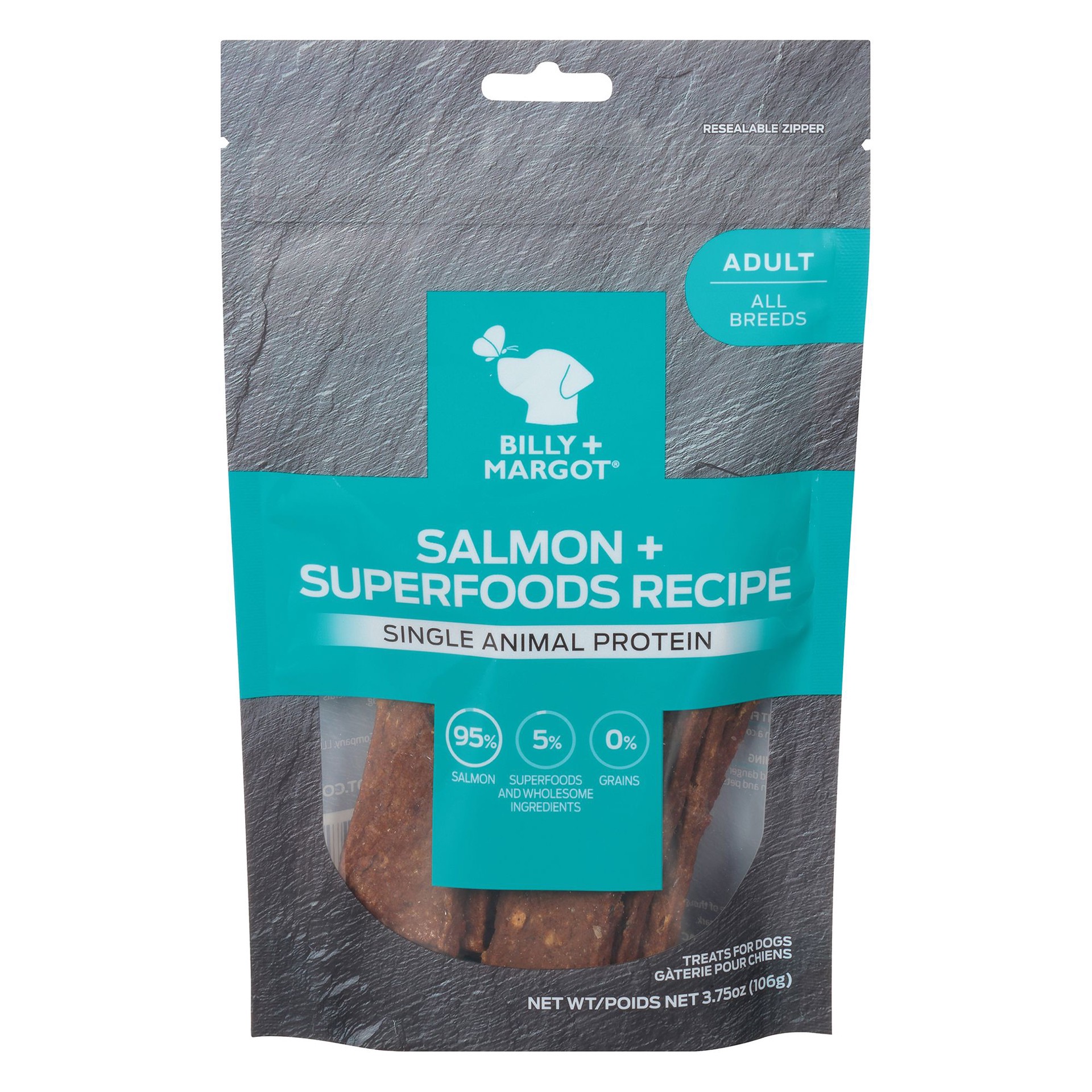 slide 1 of 1, Billy+Margot BILLY + MARGOT Single Animal Protein Adult Dog Treats - Grain Free, Salmon+, 4 oz