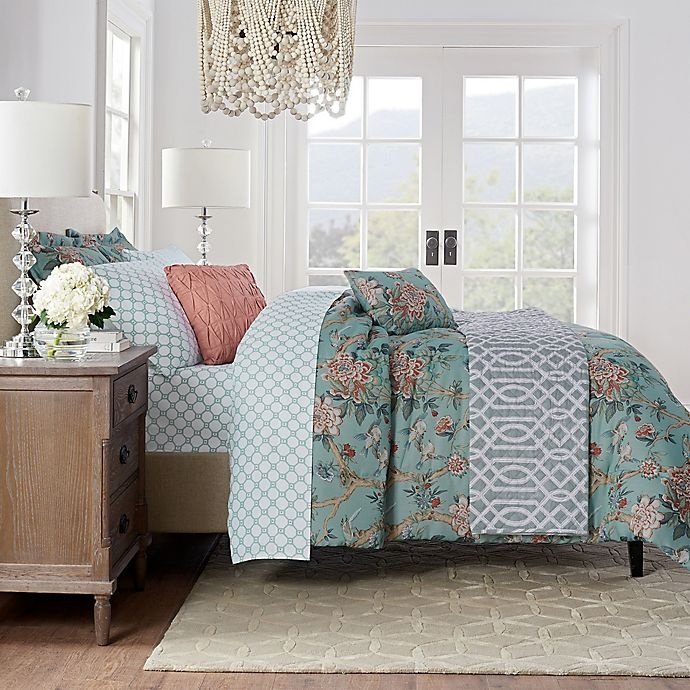 slide 2 of 7, Waverly Mudan Floral Reversible Queen Comforter Set - Blue, 10 ct