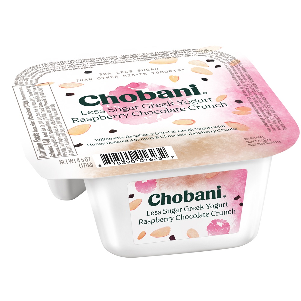 slide 3 of 7, Chobani Less Sugar Raspberry Chocolate Crunch Low-Fat Greek Yogurt, 4.5 oz