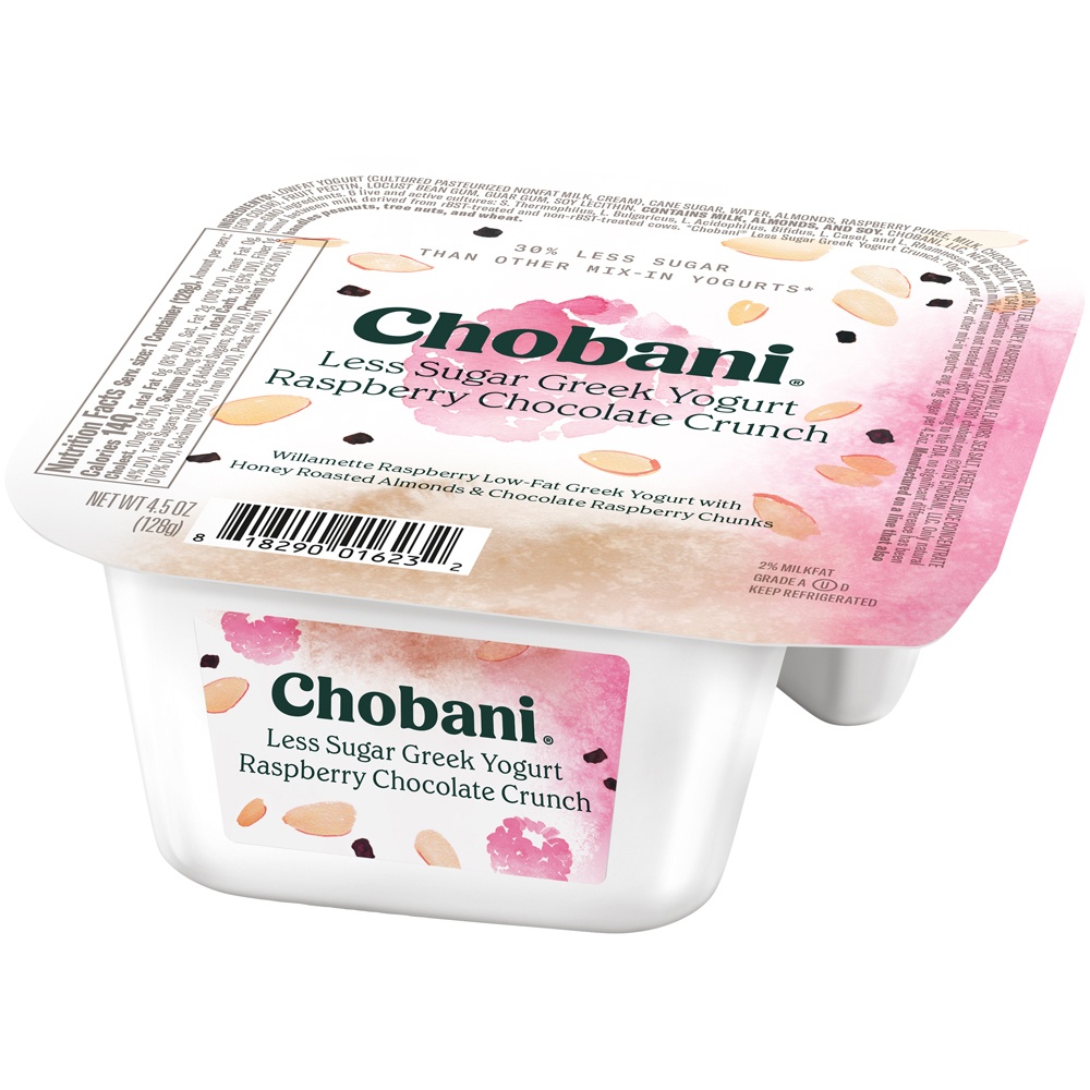 slide 4 of 7, Chobani Less Sugar Raspberry Chocolate Crunch Low-Fat Greek Yogurt, 4.5 oz