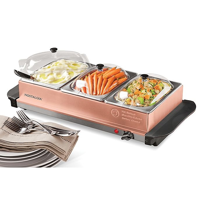 slide 2 of 5, Nostalgia 3-Station Buffet Server & Warming Tray - Copper, 1.5 qt