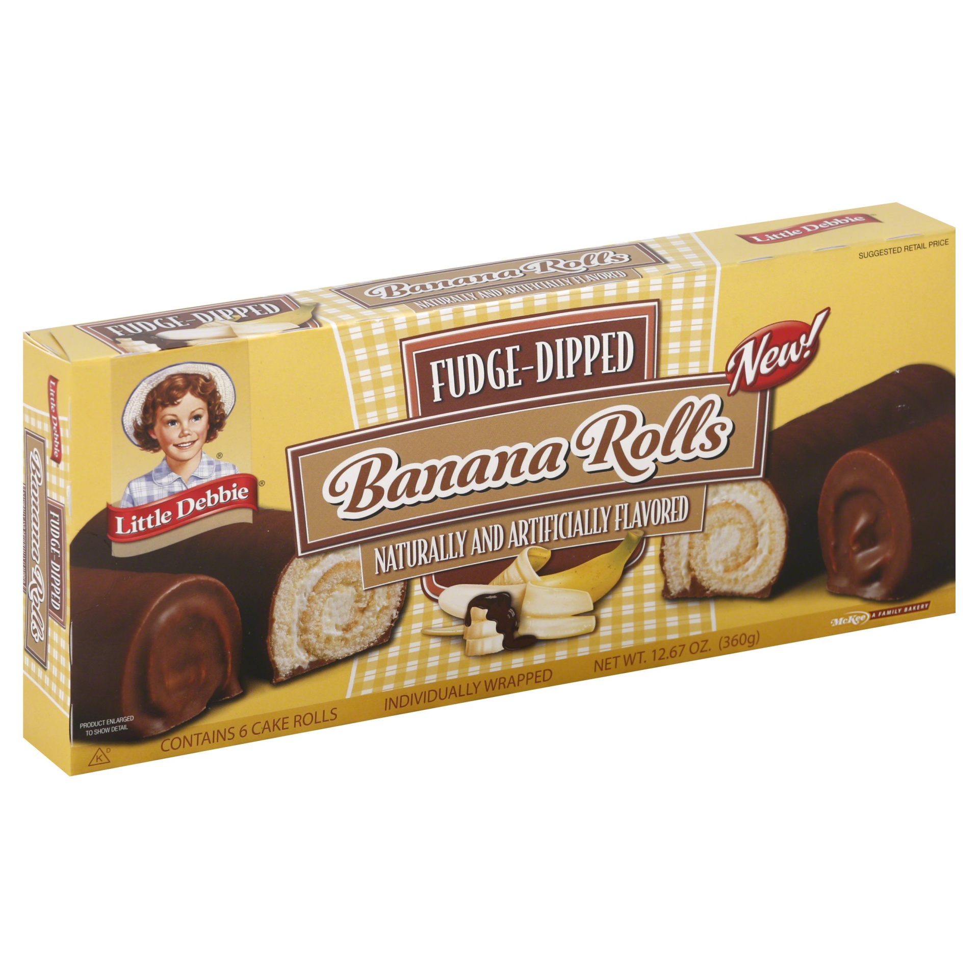 slide 1 of 7, Little Debbie Fudge-Dipped Banana Rolls, 6 ct; 12.67 oz