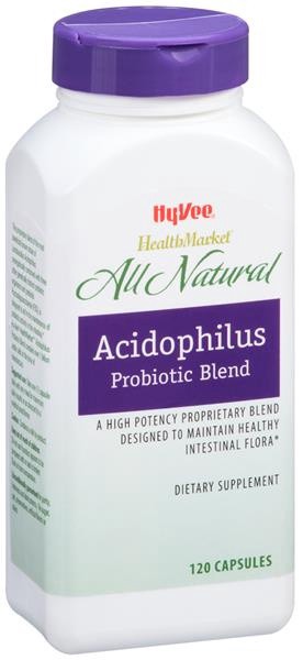 slide 1 of 1, Hy-Vee HealthMarket All Natural Acidophilus Probiotic Blend Dietary Supplement Capsules, 120 ct