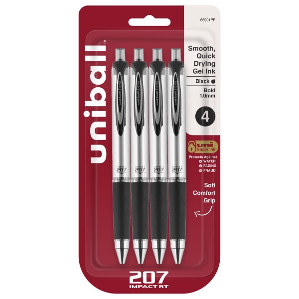 slide 1 of 8, uni-ball Rt Retractable Gel Pens, Gel Impact, Bold Point, 1.0 Mm, Silver Barrels, Black Ink, Pack Of 4, 4 ct
