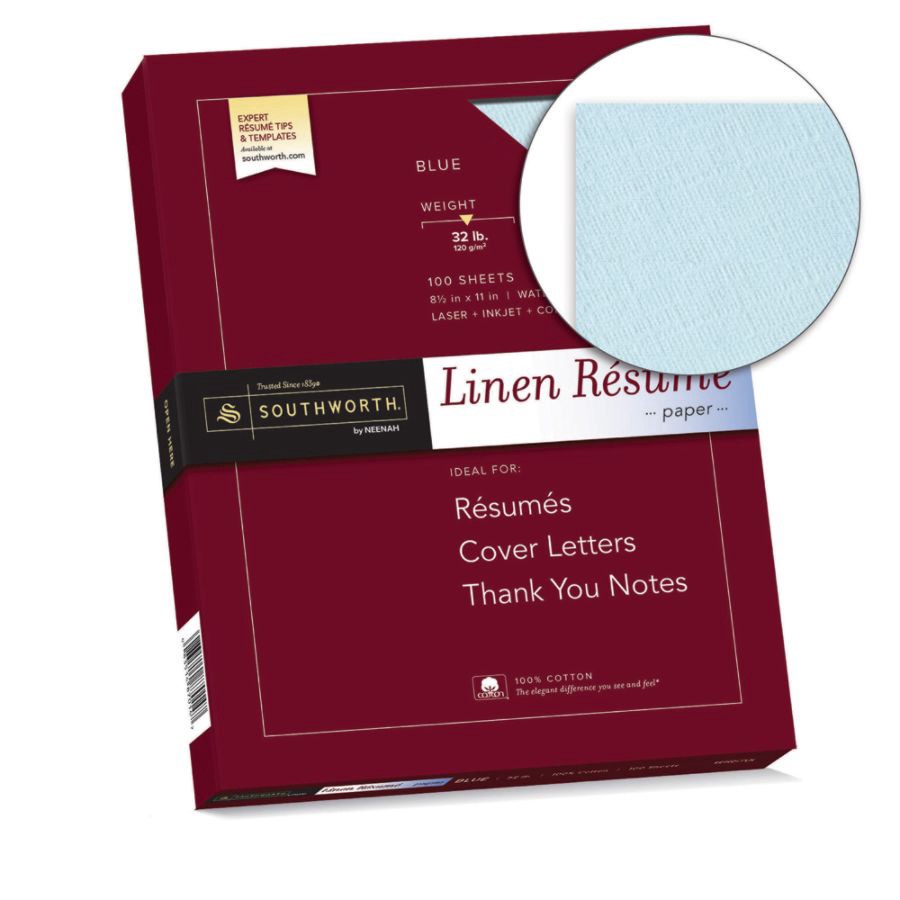 slide 4 of 4, Southworth Cotton Linen Resume Paper - Blue, 100 ct; 8 1/2 in x 11 in; 32 lb
