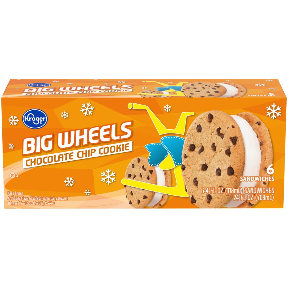 slide 1 of 5, Kroger Big Wheels Round Ice Cream Sandwiches - Vanilla And Chocolate Chip, 6 ct