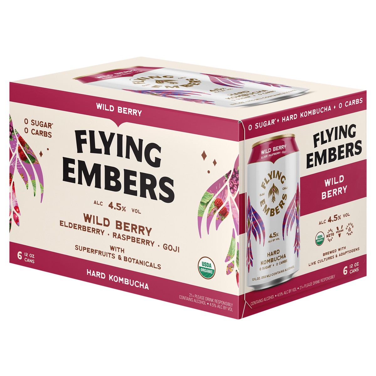 slide 5 of 7, Flying Embers Wild Berry Hard Kombucha, 6 ct; 12 fl oz