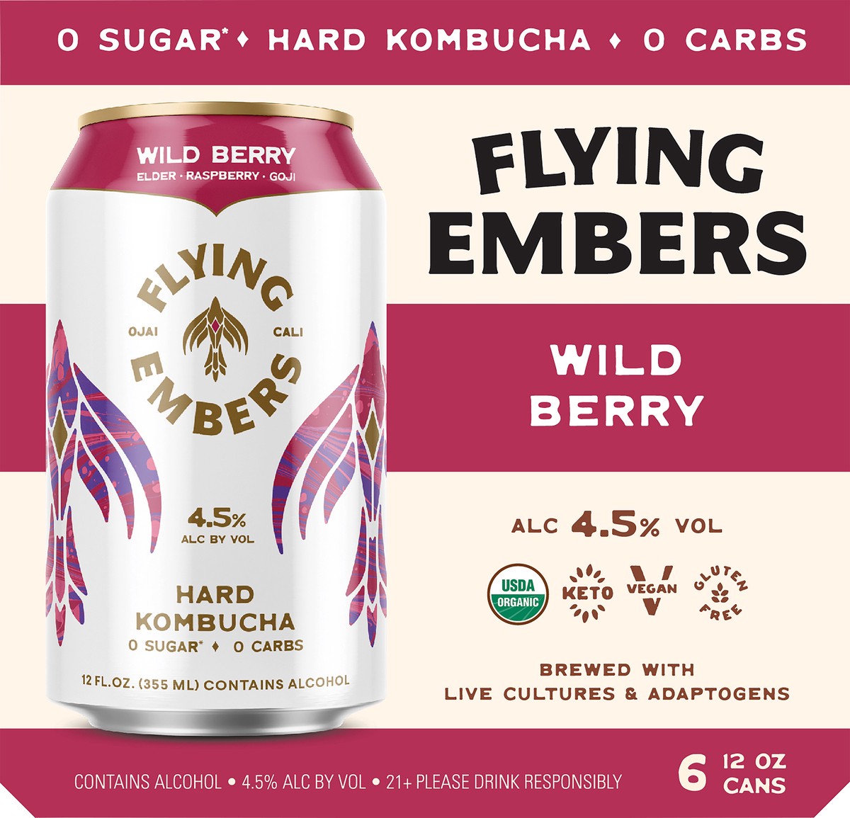 slide 3 of 7, Flying Embers Wild Berry Hard Kombucha, 6 ct; 12 fl oz