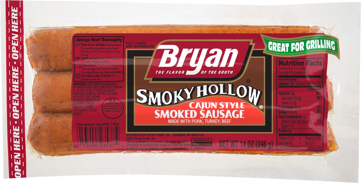 slide 5 of 7, Bryan Smoky Hollow Cajun Style Smoked Sausage, 14 oz, 396.89 g