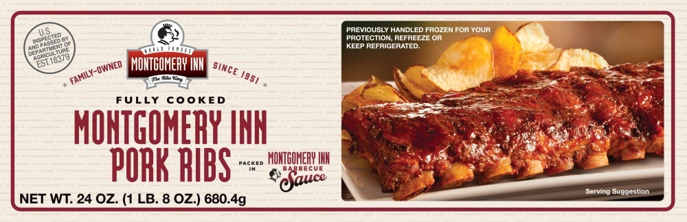 slide 1 of 1, Montgomery Inn Fully Cooked Mongomery Inn Pork Ribs With Barbecue Sauce, 24 oz