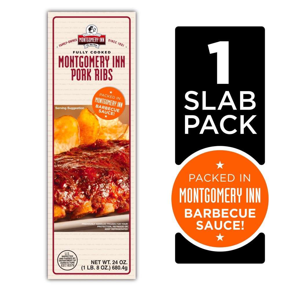 slide 1 of 4, Montgomery Inn Fully Cooked Mongomery Inn Pork Ribs With Barbecue Sauce, 24 oz