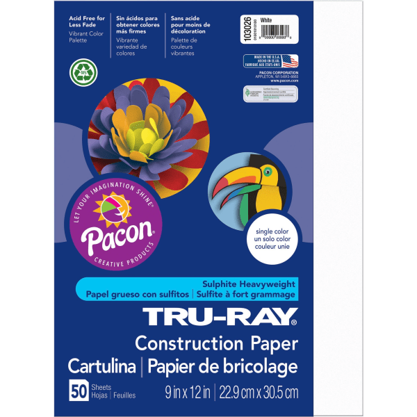 slide 2 of 2, Tru-Ray Tru-Ray Premium Construction Paper, White, 9"x 12", 50 Sheets, White, unruled 9" x 12", 50 Sheets, 50 pc
