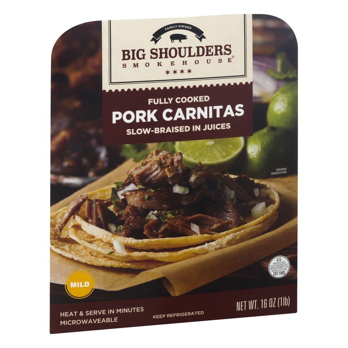 slide 2 of 9, Big Shoulders Smokehouse Big Shoulders® fully cooked pork carnitas, 16 oz