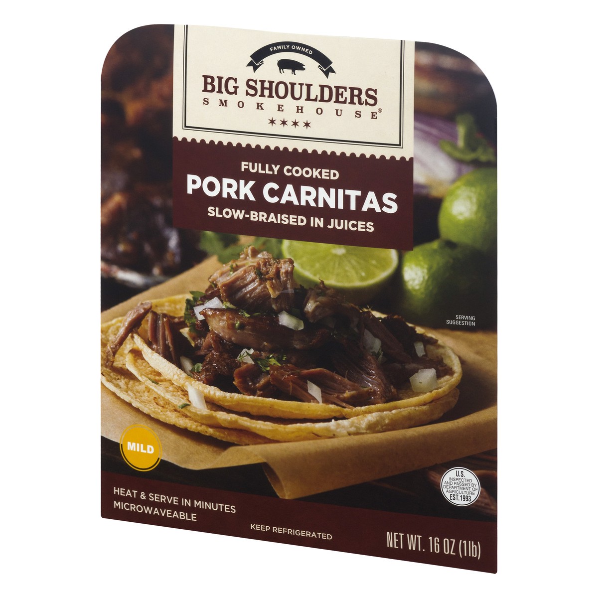 slide 3 of 9, Big Shoulders Smokehouse Big Shoulders® fully cooked pork carnitas, 16 oz