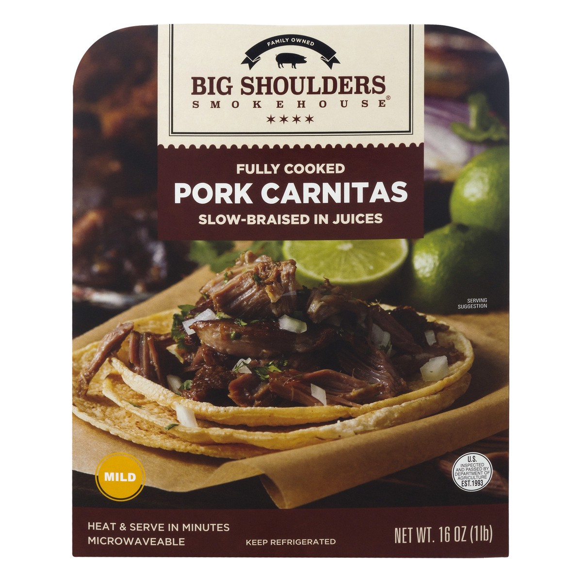 slide 1 of 9, Big Shoulders Smokehouse Big Shoulders® fully cooked pork carnitas, 16 oz