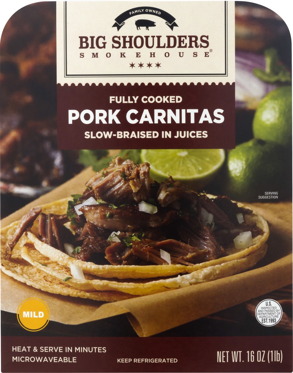 slide 1 of 9, Big Shoulders Smokehouse Big Shoulders® fully cooked pork carnitas, 16 oz