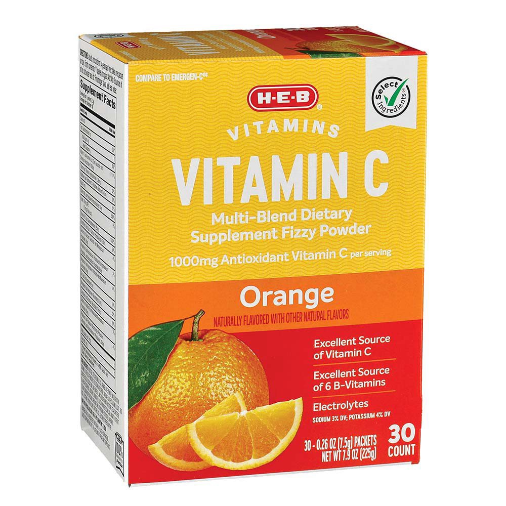 slide 1 of 1, H-E-B Vitamins C 1,000 mg Fizzy Powder Drink Mix - Orange, 30 ct