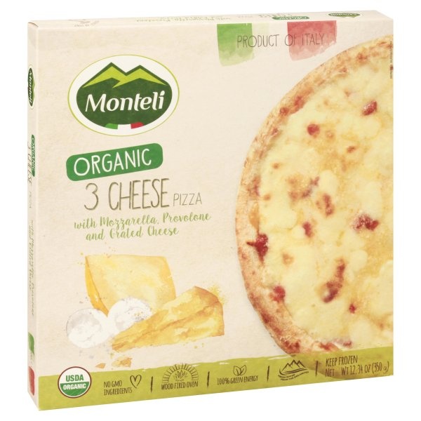 slide 1 of 1, Monteli Organic Three Cheese Pizza, 12.34 oz