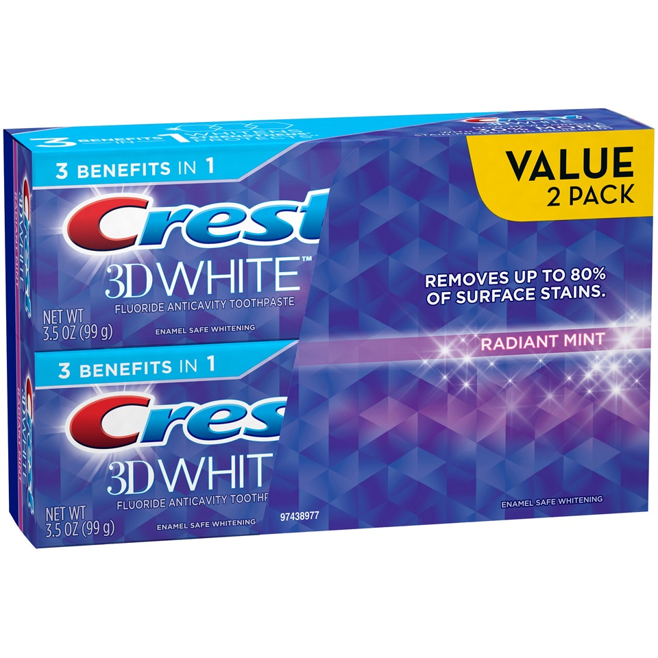 slide 1 of 1, Crest 3D White Radiant Mint Fluoride Toothpaste, 2 ct; 3.5 oz