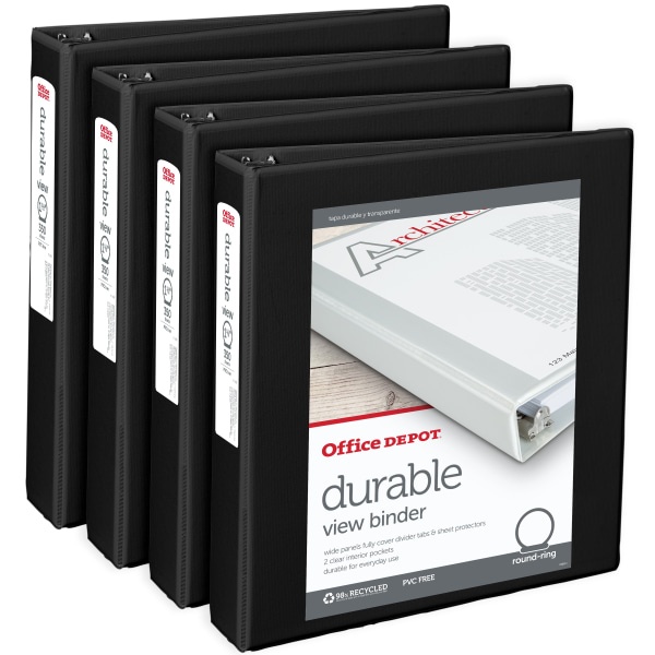 slide 1 of 1, Office Depot Brand Durable Round-Ring View Binders, 1-1/2'' Rings, Black, Pack Of 4 Binders, 4 ct