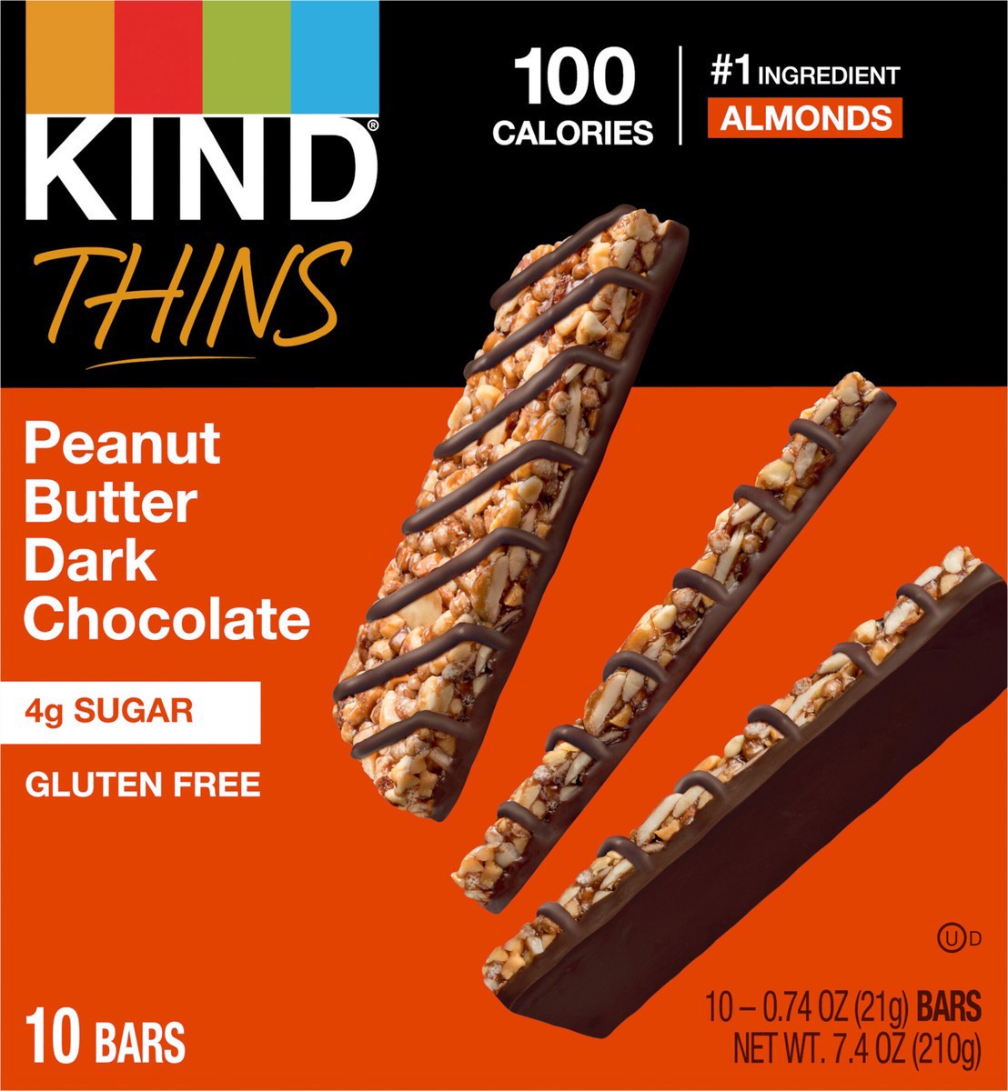 slide 2 of 8, KIND Thins, Peanut Butter Dark Chocolate Bars, 0.74 oz, 10 Count, 1 ct