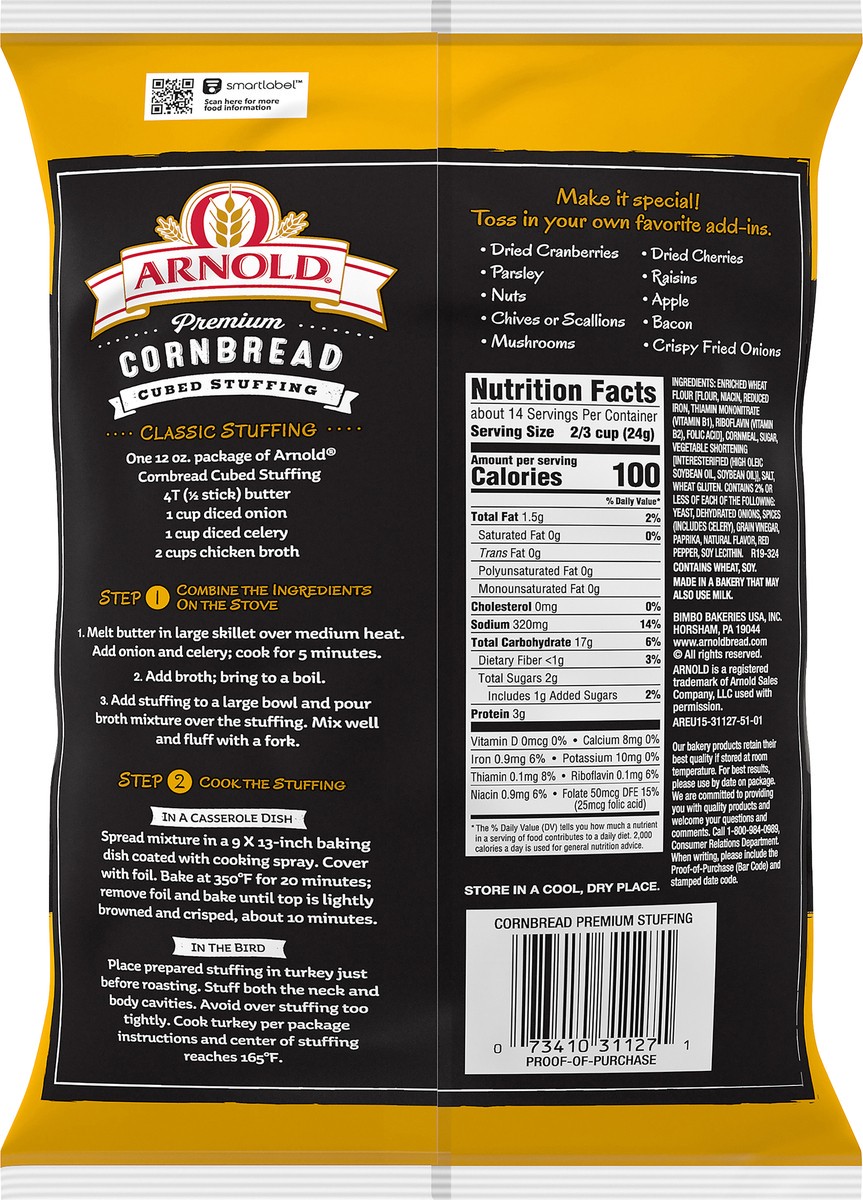 slide 3 of 8, Arnold Premium Cornbread Cubed Stuffing, 12 oz, Stuffing Bread, Bag, 14 oz