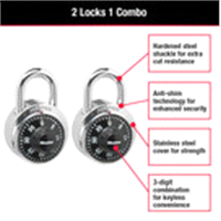 slide 5 of 9, Master Lock Standard Dial Combination Padlock 1500T, 1-7/8 inch wide, Pack of 2, 7/8 in