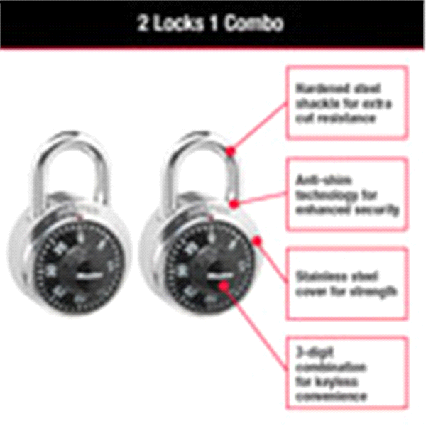 slide 6 of 9, Master Lock Standard Dial Combination Padlock 1500T, 1-7/8 inch wide, Pack of 2, 7/8 in