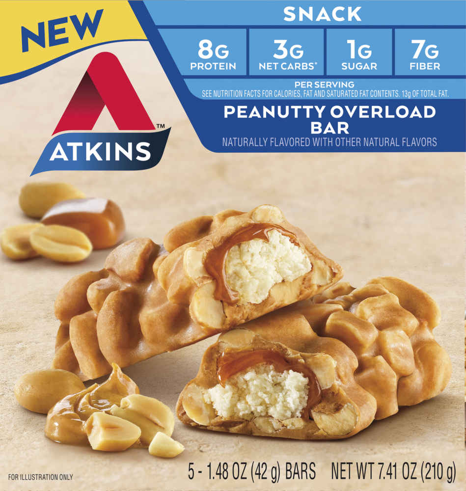 slide 1 of 6, Atkins Peanutty Overload Snack Bars 5 Pack, 7.4 oz