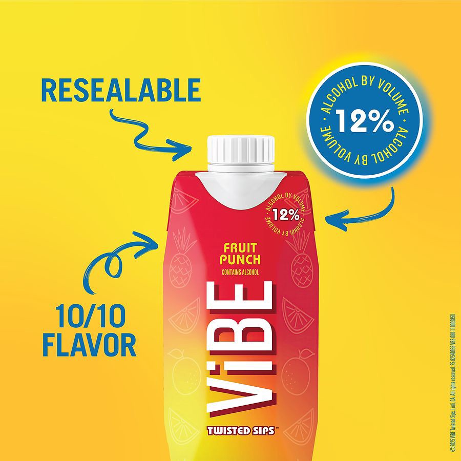 slide 2 of 5, ViBE Twisted Sips Fruit Punch Tetra, 500 ml