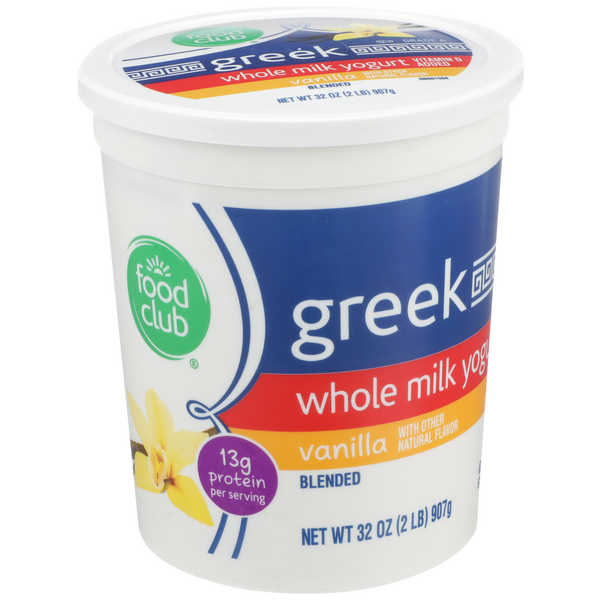 slide 1 of 1, Food Club Vanilla Blended Greek Whole Milk Yogurt, 32 oz