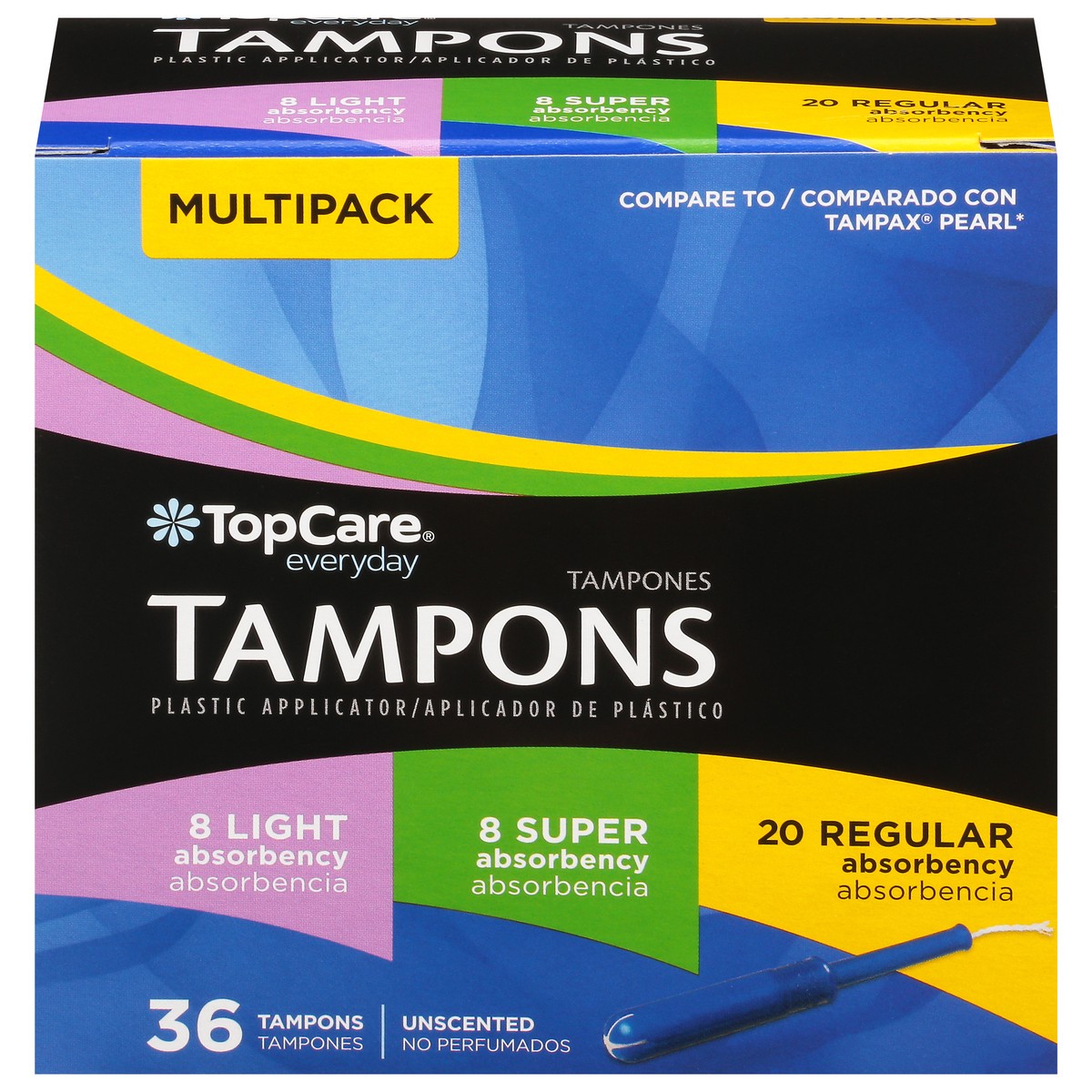 slide 1 of 9, TopCare Everyday Multipack Light/Super/Regular Absorbency Plastic Unscented Tampons Multipack 36 ea, 36 ct