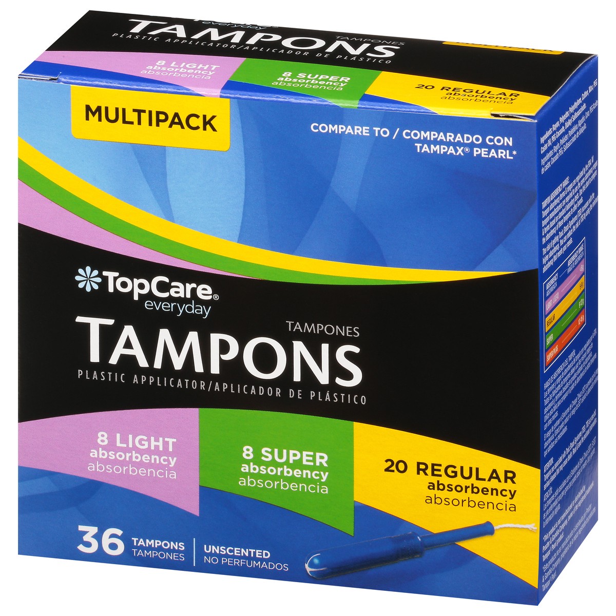 slide 3 of 9, TopCare Everyday Multipack Light/Super/Regular Absorbency Plastic Unscented Tampons Multipack 36 ea, 36 ct