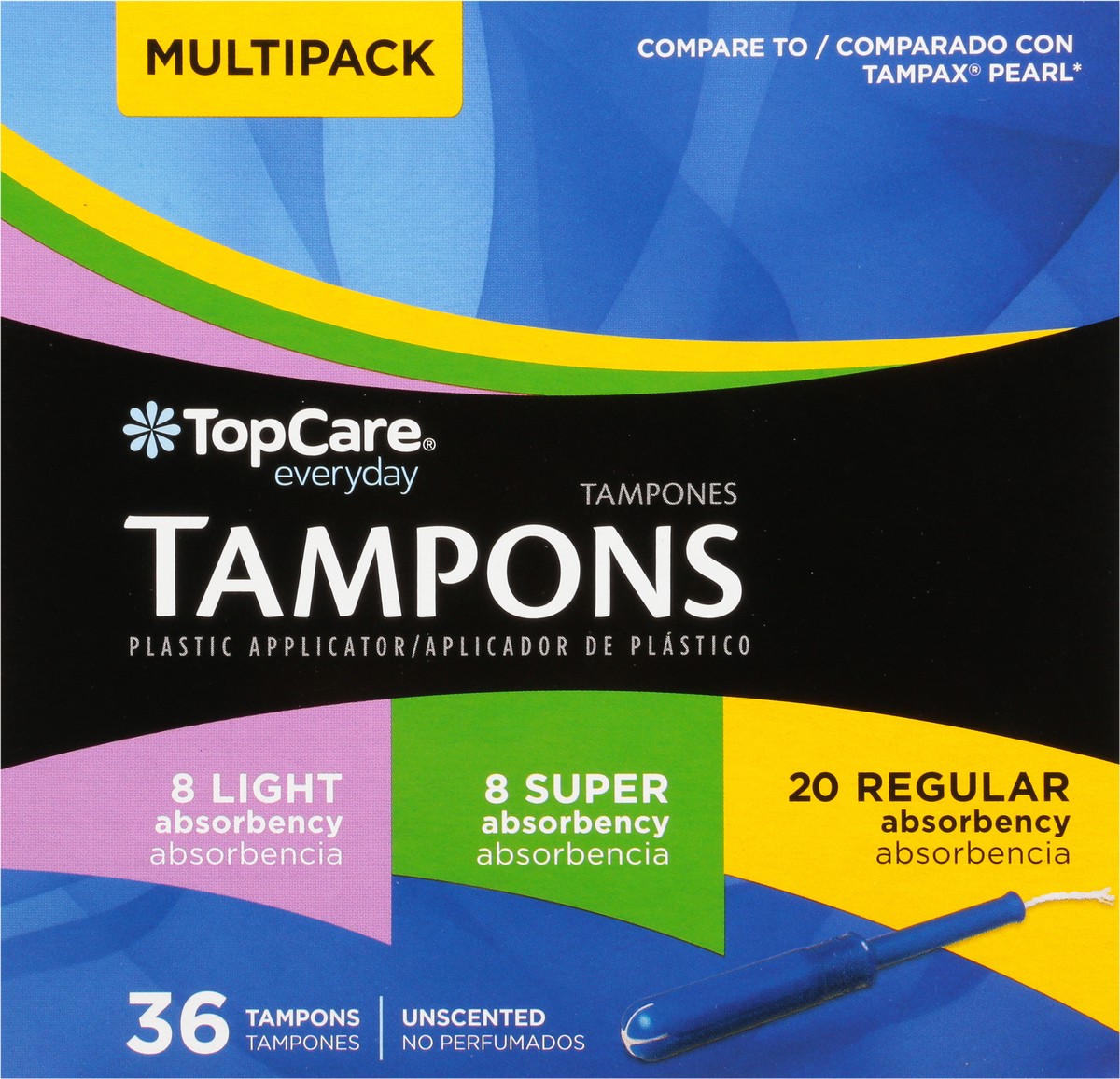 slide 6 of 9, TopCare Everyday Multipack Light/Super/Regular Absorbency Plastic Unscented Tampons Multipack 36 ea, 36 ct