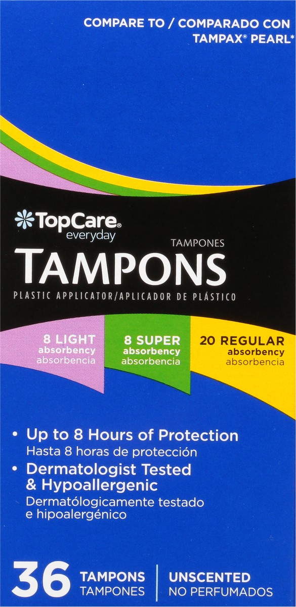 slide 7 of 9, TopCare Everyday Multipack Light/Super/Regular Absorbency Plastic Unscented Tampons Multipack 36 ea, 36 ct