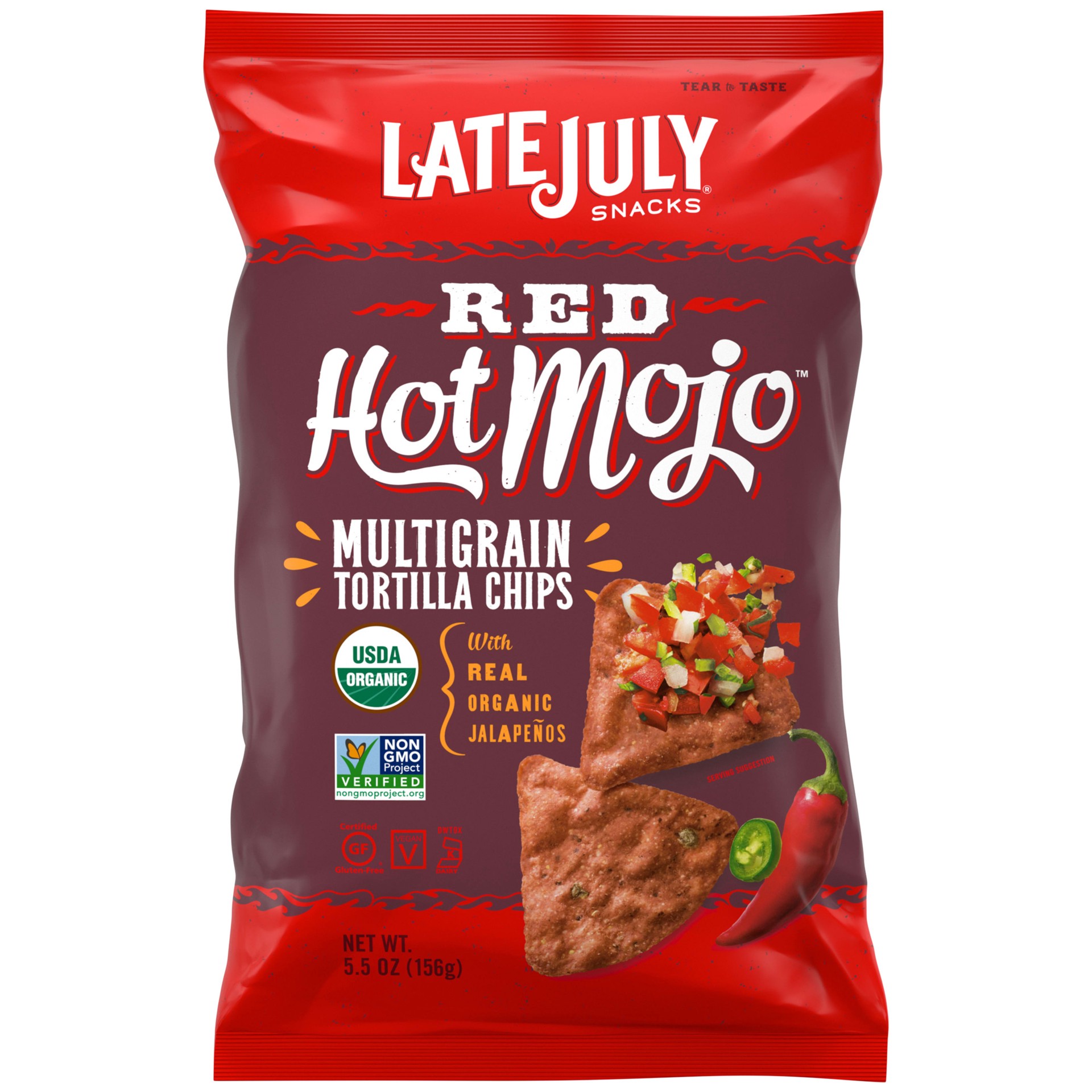 slide 1 of 5, LATE JULY Snacks Multigrain Red Hot Mojo Tortilla Chips, 5.5 oz. Bag, 5.5 oz