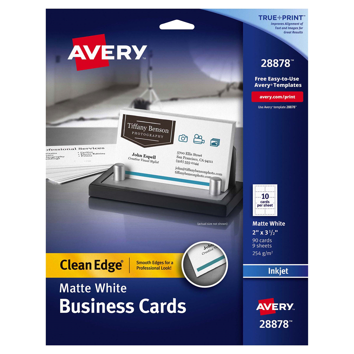 slide 1 of 2, Avery Two-Side Printable Clean Edge Business Cards for Inkjet Printers 28878 - White, Matte, 90 ct