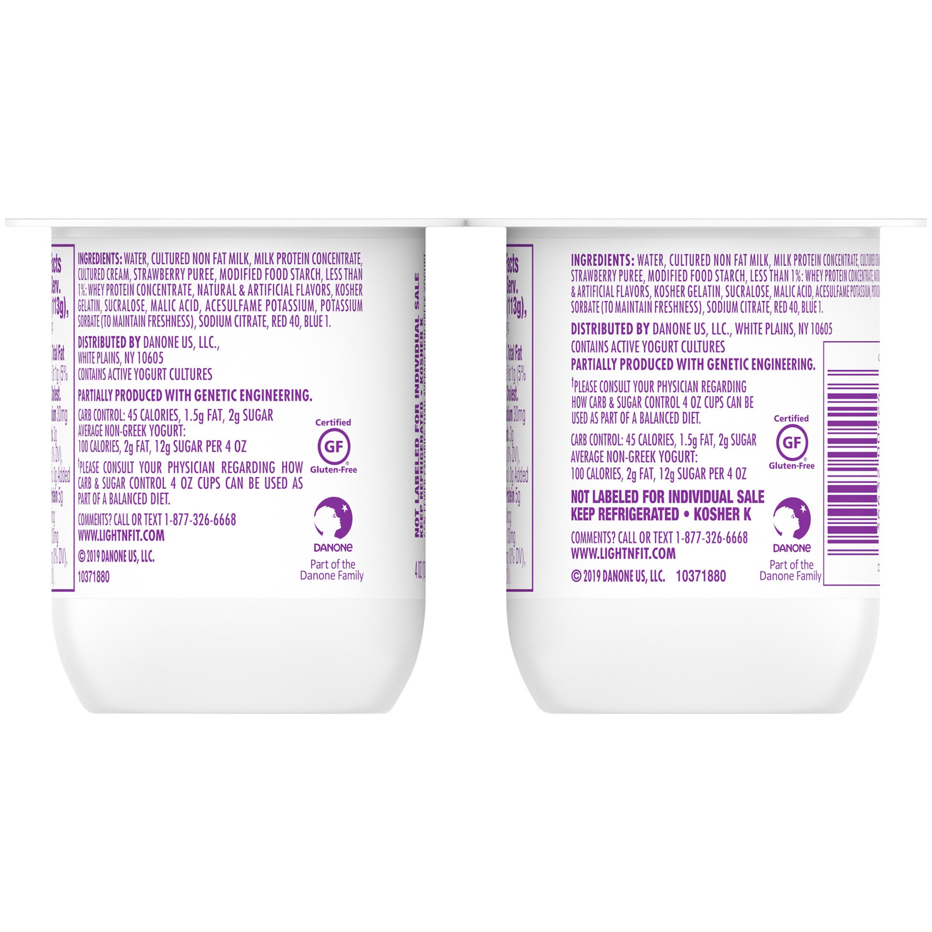 slide 4 of 9, Light + Fit Dannon Light + Fit Carb & Sugar Control Cultured Dairy Snack, Strawberries & Cream, Gluten-Free, 0g Added Sugar*, 4 oz., 4 Pack, 4 oz