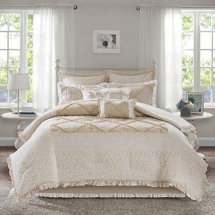 slide 3 of 10, Madison Park Mindy Queen Cotton Percale Comforter Set - White/Tan, 9 ct
