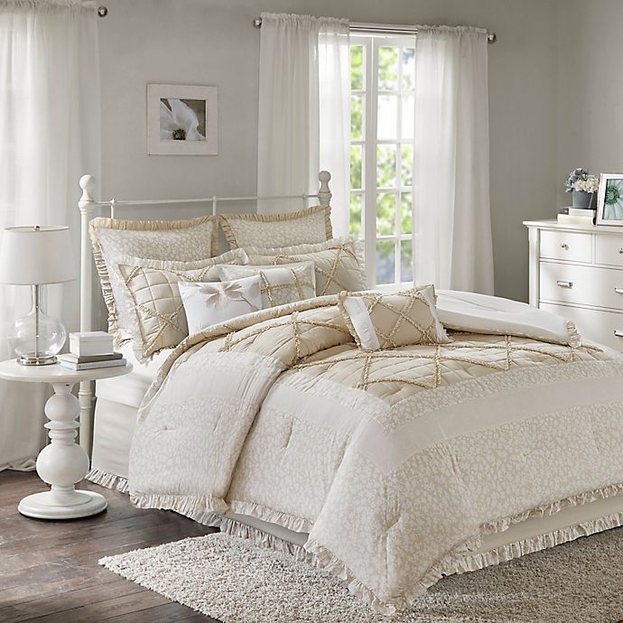 slide 1 of 10, Madison Park Mindy Queen Cotton Percale Comforter Set - White/Tan, 9 ct