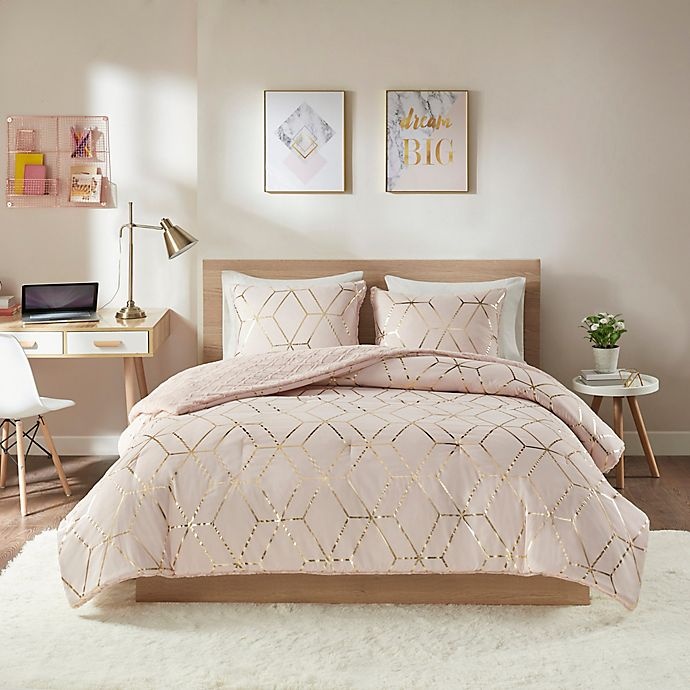 slide 2 of 10, Intelligent Design Ainsley Metallic Print Reversible King Comforter Set - Blush, 3 ct