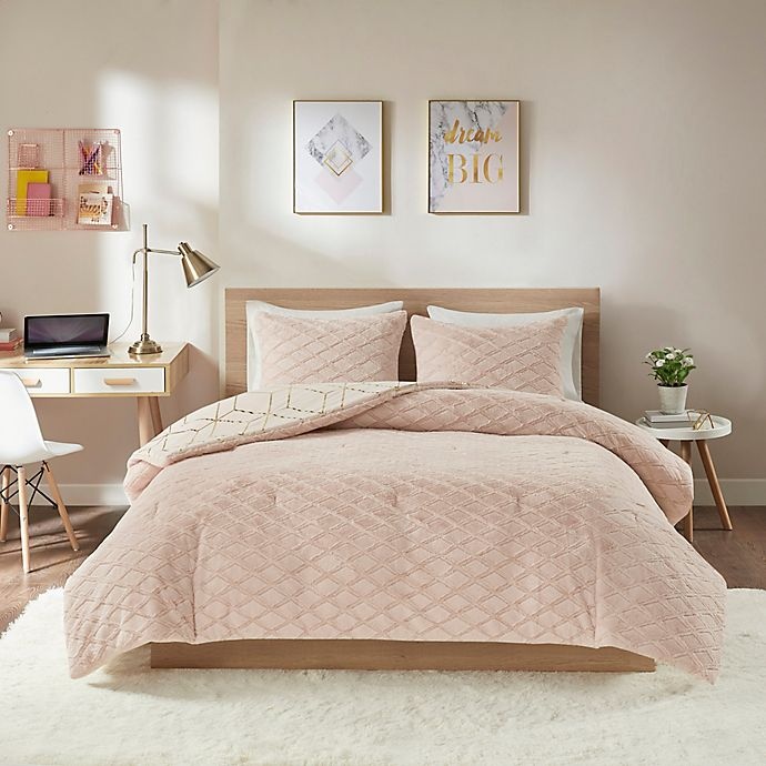 slide 3 of 10, Intelligent Design Ainsley Metallic Print Reversible King Comforter Set - Blush, 3 ct