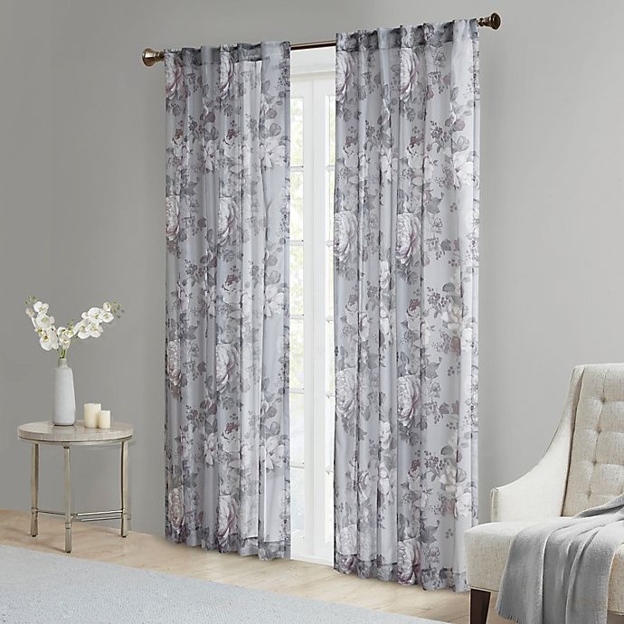 slide 2 of 9, Madison Park Simone Rod Pocket/Back Tabs Floral Voile Sheer Window Curtain Panel - Grey, 95 in