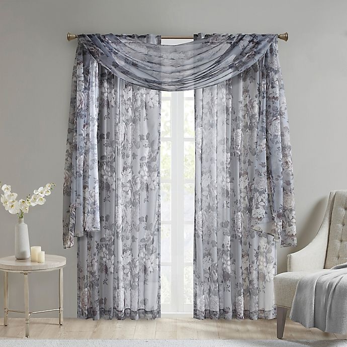 slide 3 of 9, Madison Park Simone Rod Pocket/Back Tabs Floral Voile Sheer Window Curtain Panel - Grey, 95 in